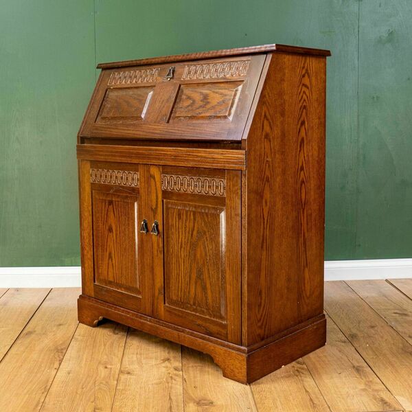 Dark Oak Priory Fold Front Bureau With Leather Interior & Pigeon Holes