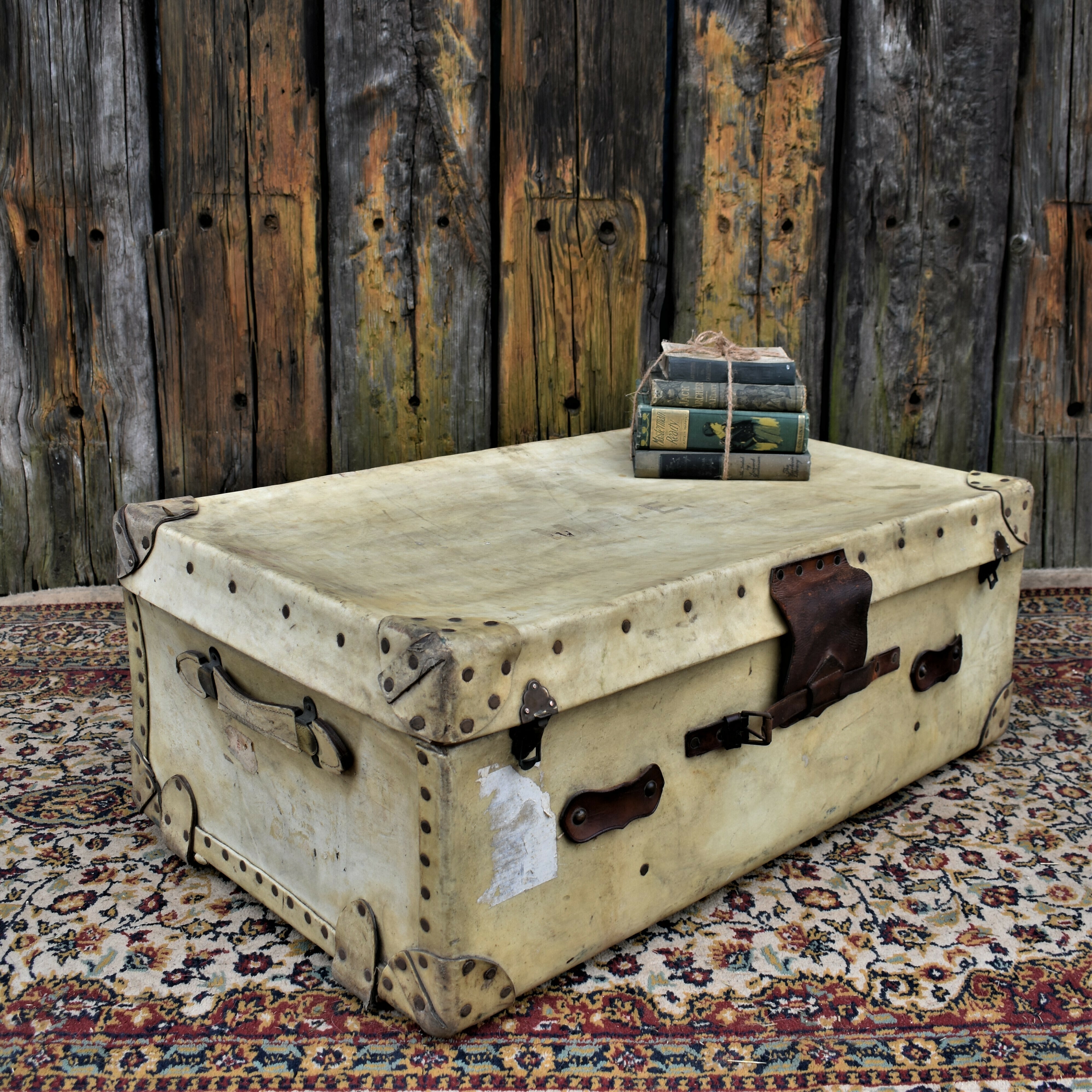 Antique Calfskin Vellum Travel Trunk Suitcase Side Coffee Table