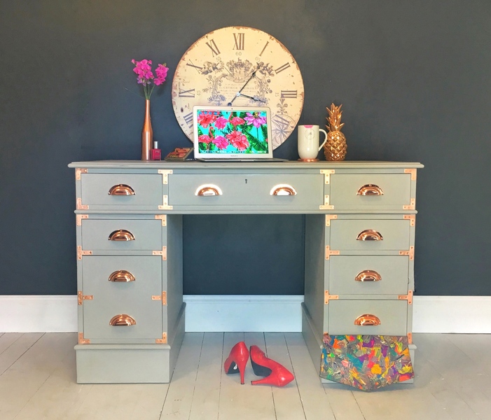 Campaign Style Desk In Light Grey And Rose Gold Leaf Details