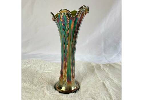 Fluted Peacock Coloured Carnival Glass Vase