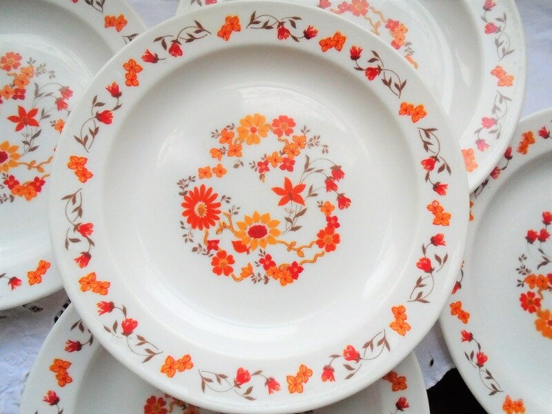 5 Vintage French Arcopal Milk Glass Side Plates, Orange Floral Design