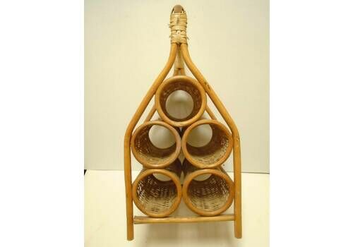 Vintage Bamboo And Wicker 5 Bottle Wine Rack, Portable Retro Bottle Holder, Natural Fiber Bottle Holder
