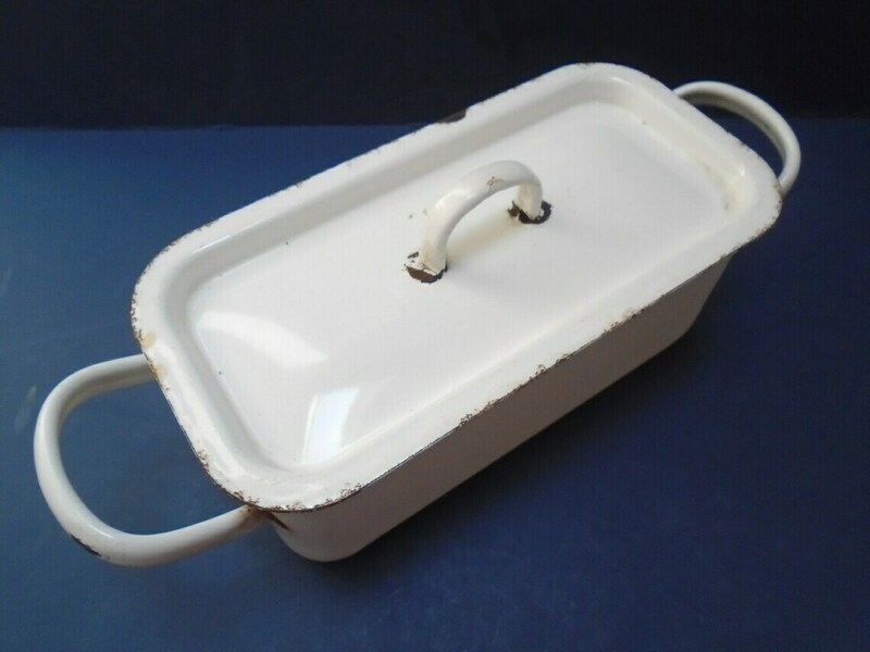 Small Vintage French White Enamel Poacher, Retro 1950s Fish Poacher 1 2