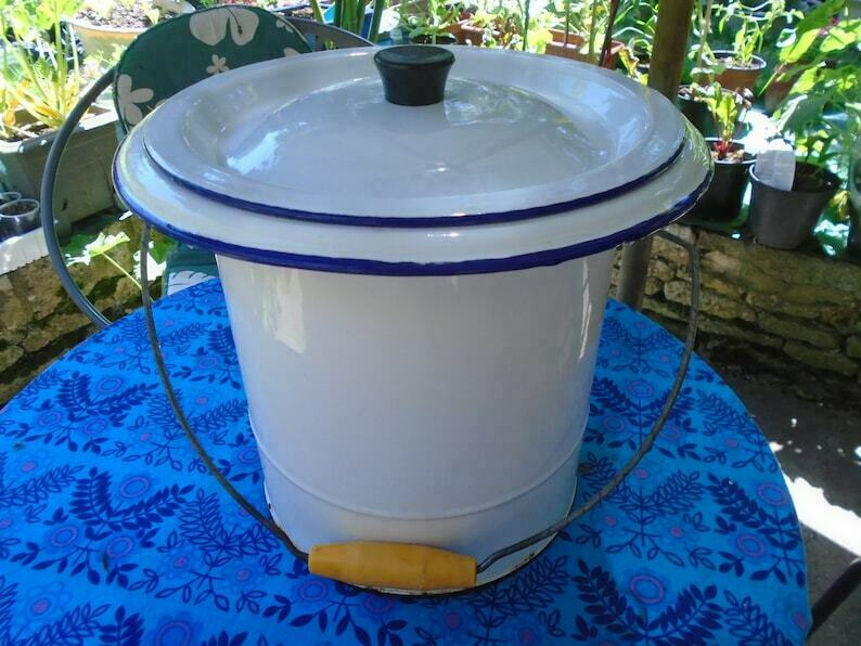 Vintage French Extra Large White Enamel Bucket Churn With Lid 1950s