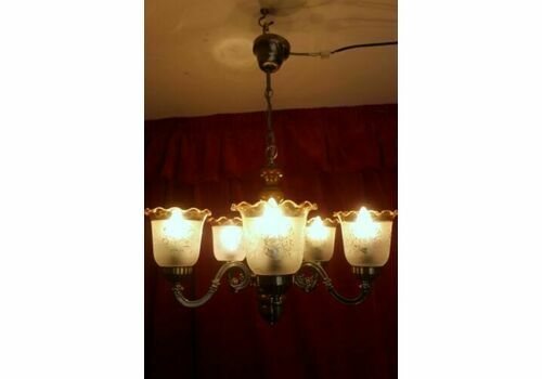 Antique French Oak Wood Chandelier 5 Lights Lamp With French Glass Shade