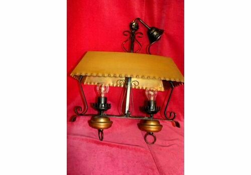 Antique French Copper And Cast Iron Lamp 2 Lights Rustic Gothic Chandelier