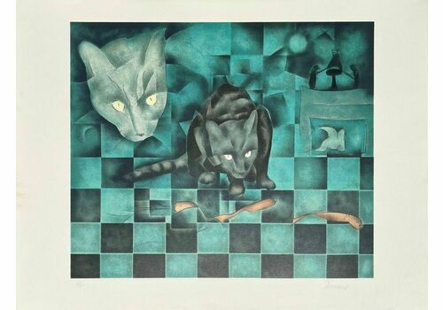 Léonard André   Original Signed Lithograph   Metaphysical Cats Cats