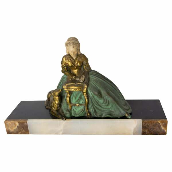 French Art Deco Onyx & Polychrome Spelter Reading Woman With Dog, Circa 1930 photo furniture