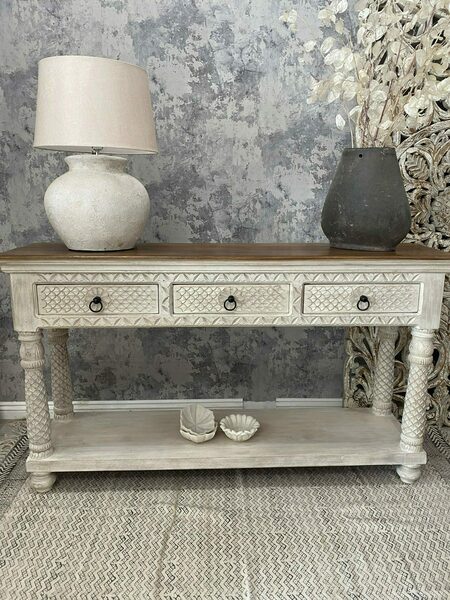 Tall Whitewashed Carved Console Table Made From Mango Wood Khcn52wn ...