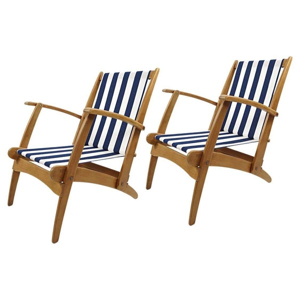 Mid Century Modern Set Of 2 Lacquered Wooden Folding Deck Chairs