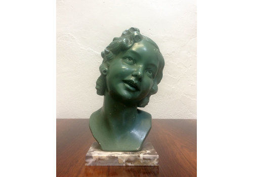 Art Deco Plaster Bust Green Girl On Marble 1930s