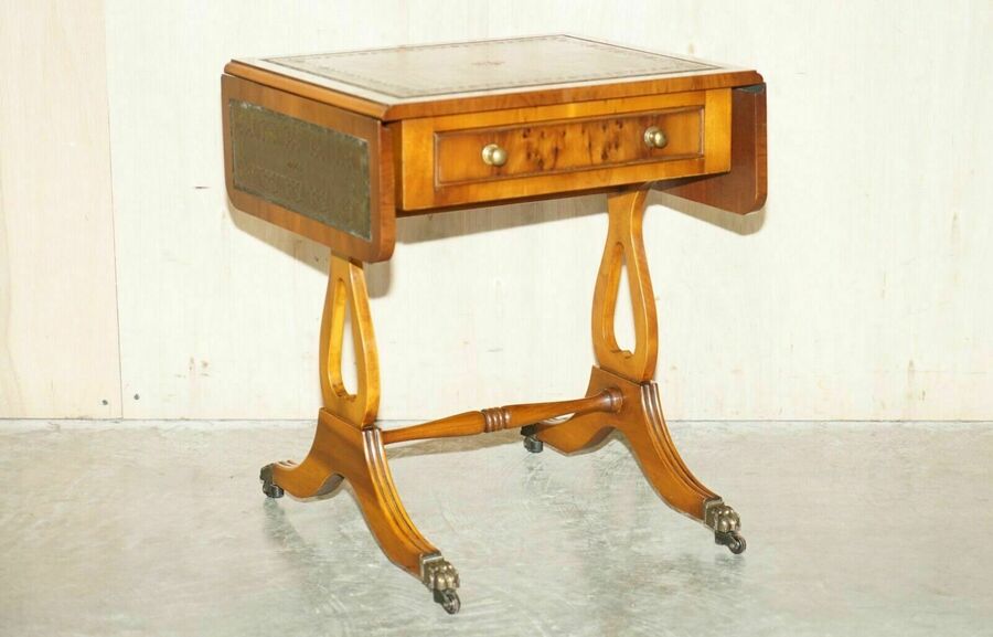 Bevan Funnell Green Leather Extending Burr Yew Wood Side End Lamp Card Table photo furniture