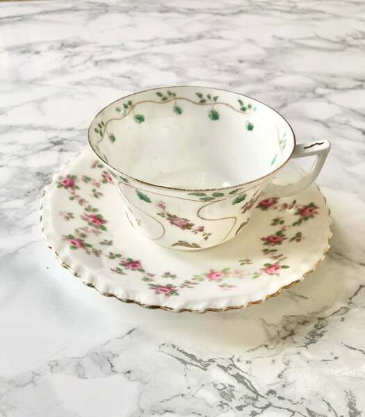 Antique White Porcelain Cup And Saucer Painted With Pink Flowers