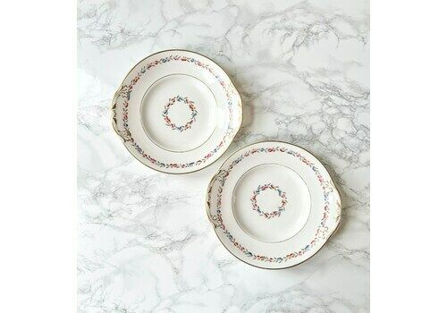 Paire Of Antique Round Bone China Dish With Gilt, Blue And Pink Flowers Decoration