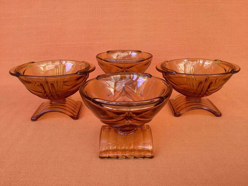 Stölzle Amber Glass Sundae Dishes In An Art Deco Style, Vintage Amber