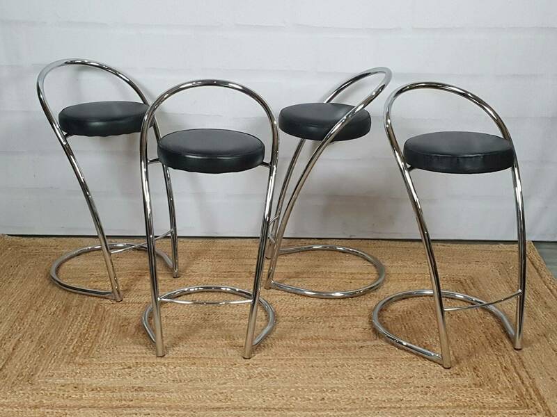 A Set Of Four Vintage Italian Chrome And Black Faux Leather Bar Stools By Effezeta Vinterior