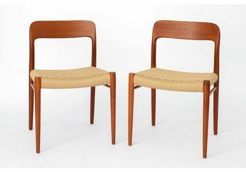 2 Niels Moller Chairs, Model 75, 1950s, Teak Wood, Papercord Seat, Vintage Chairs, Set Of 2, Dining Chairs, Denmark