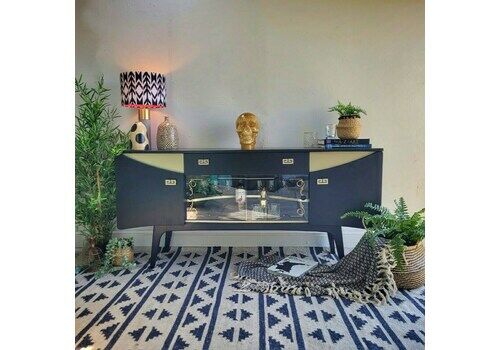 Sideboard  Drinks Cabinet  Cocktail Cabinet  Black  Gold  Retro  Mid Century Modern  Vintage  Display Cabinet  Hand Painted