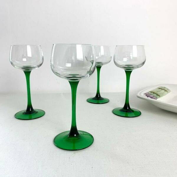 Vintage Set Of Four Green Stem Glasses, Luminarc Green Stem Glasses