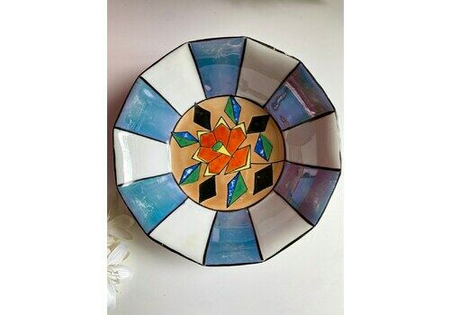 Antique 1920's Art Deco Style Bowl Geometric Flower Blue Iridescent Lustre