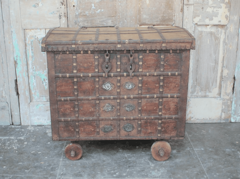 20 19th Century Dowry Chest On Wheels With Fine Iron & Brass Work