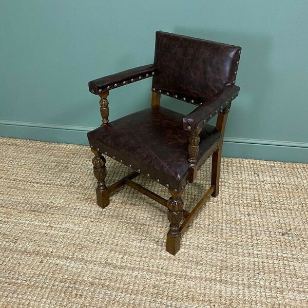 Quality Antique Oak Leather Desk Chair Arm Chair Vinterior