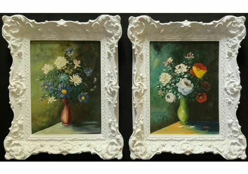 Beautiful Matching Pair Vintage Floral Still Life Oil On Board Paintings Brief Description: