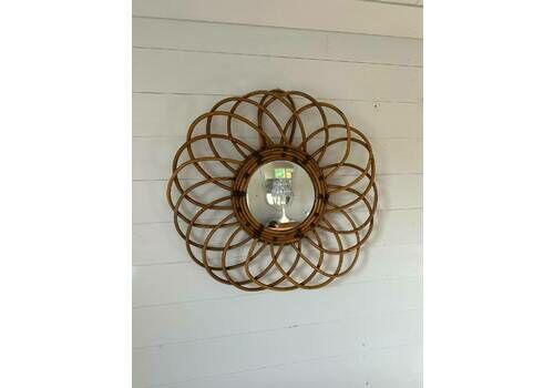 Beautiful French Mid Century Sunburst Bamboo And Wicker Mirror