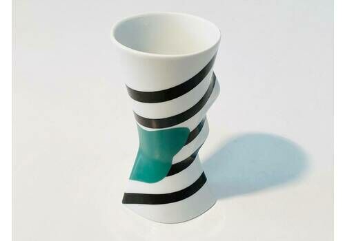 1980s Cattany Germany Porcelain Vase Black White Green Graphic Design / Vintage Decor