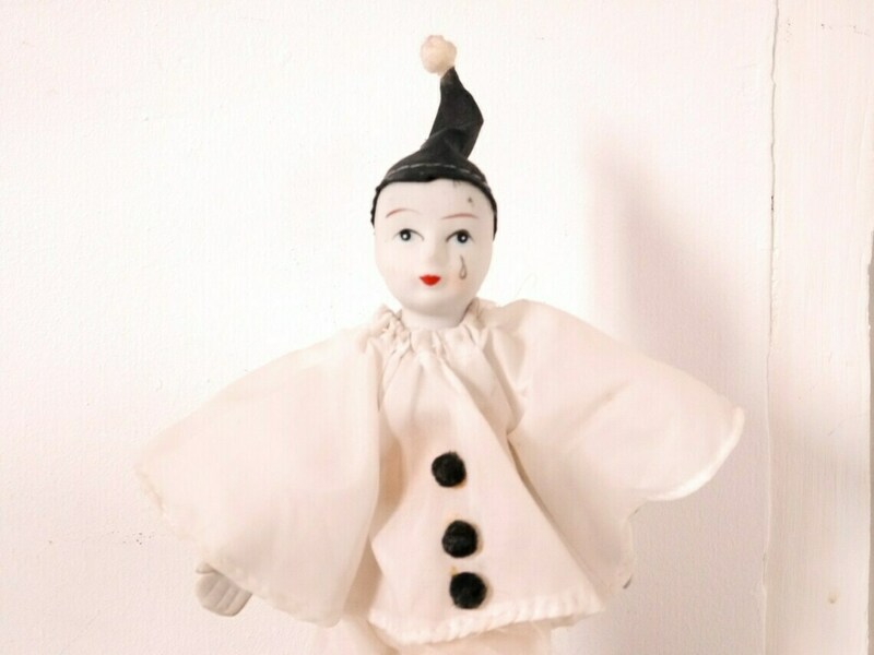 French Vintage Pierrot, Figure, Sad Clown Harlequin Doll Porcelain