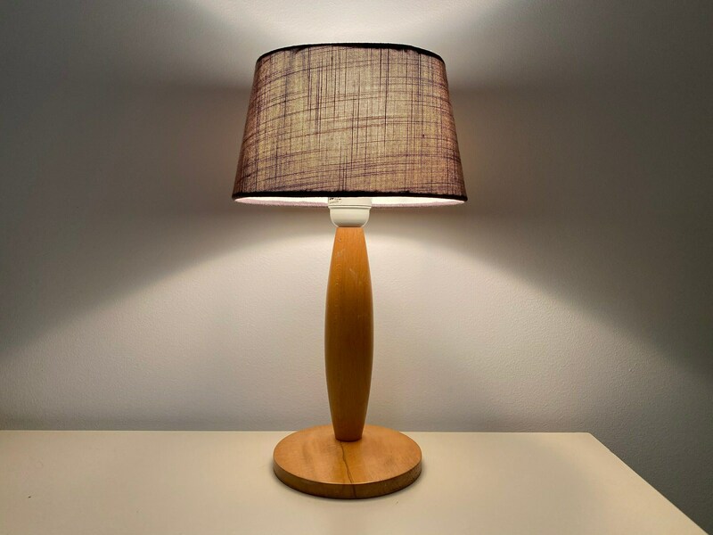 Retro Oak Wood Lamp Base With Free Grey Shade | Dutch Mid Century Modern Lighting | Design Lamp From The Netherlands | Vintage Lamp Base 60s photo furniture