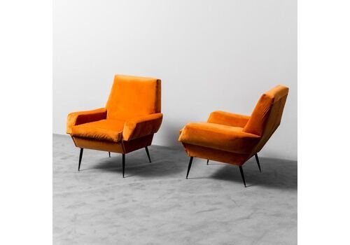 Pair Of Zanuso Tobacco Velvet Armchairs From The 60s, Vintage Modernism