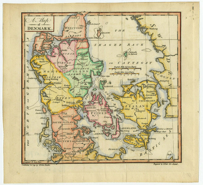 Antique Map Of Denmark, 1700s Vinterior