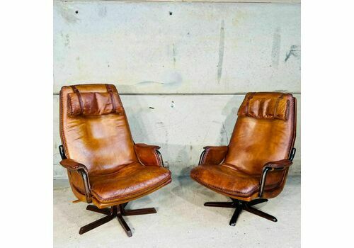 Vintage 70s Danish Berg "His And Hers" Tilt Tan Leather Swivel Chairs #900