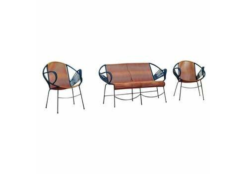 Mid Century Italian Red And Blue Metal And Plastic Sofa And Armchairs 1950s