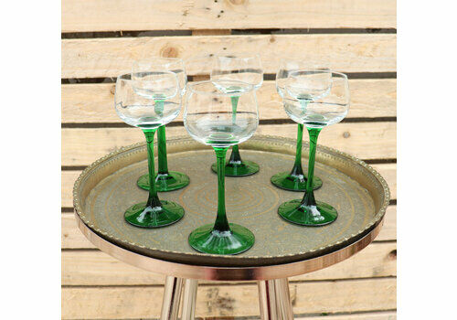 Mid Century Set Of 6 Luminarc Small Wine Glasses With Green Stem, French White Wine Glasses