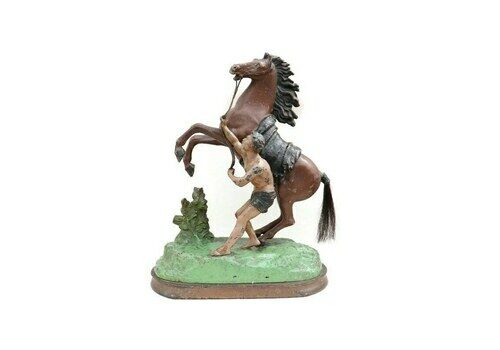 Cold Painted Spelter Marly Horse With Groom Sculpture After Guillaume Coustou, , French, Late 19th Century.