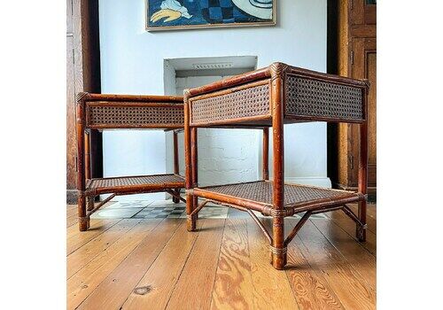 A Pair Of Vintage Cane And Bamboo Bedside Tables / Lamp Tables
