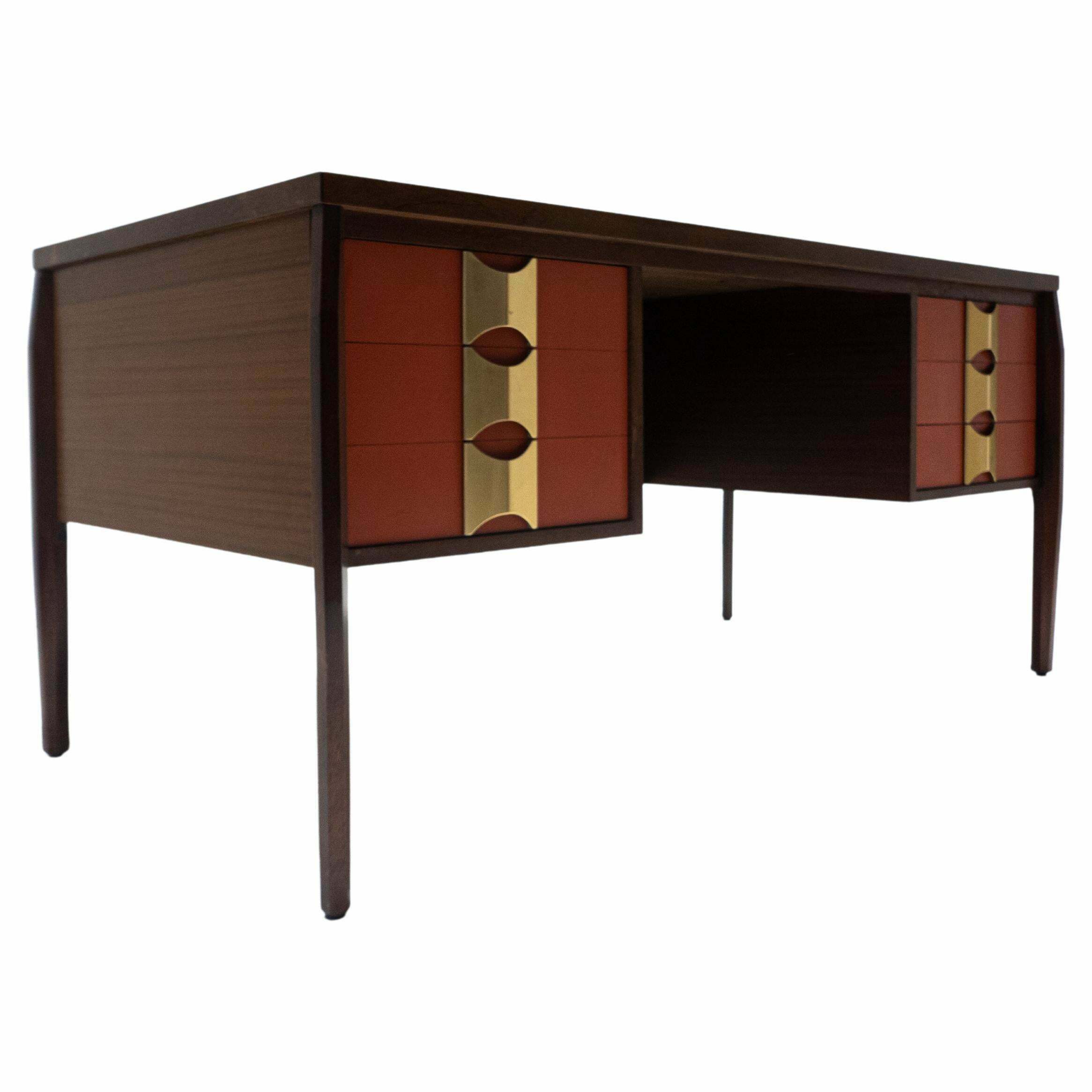 Mid Century Modern Wooden Desk With 6 Drawers, Italy, 1960s | Vinterior