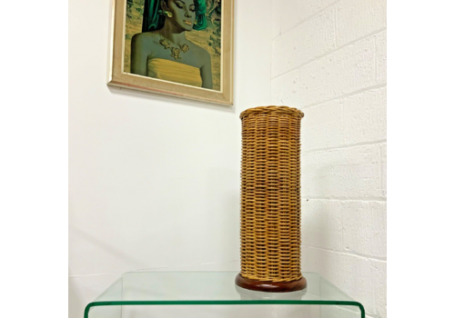 Wicker And Teak Umbrella / Walking Stick Stand Mid Century