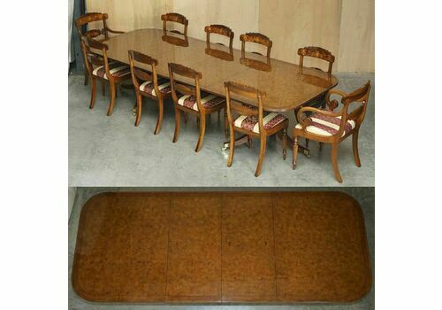 Exquisite Two Pedestal Burr Walnut Extending Dining Table & 10 Chairs Suite