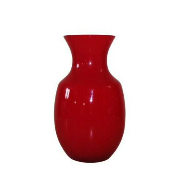 Mid Century Red Glass Cased Vase Stunning Vintage Bright Red And White