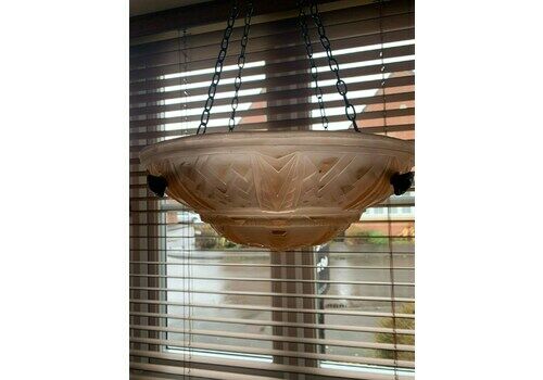 Antique Art Deco Muller Freres Luneville Blush Pink Plaffonier/Chandelier/Fly Catcher/Cauldron C/W Copper Chains & Bronze Ceiling Rose