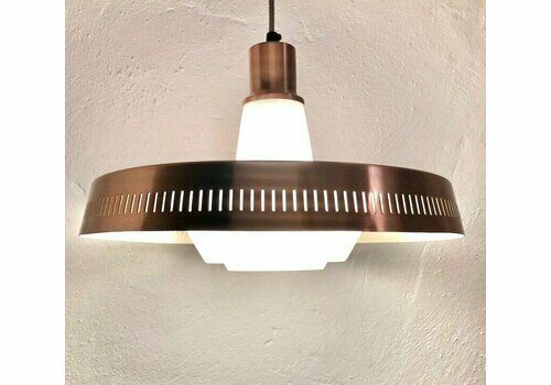 Mid Century Danish Copper Colored Ceiling Lamp With Opal Glass   Design From Lyfa