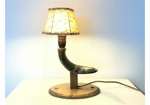 Beautiful Early Mid Century Danish Horn And Wood Table Lamp With Beautiful Shapes And Vintage Beige Lace Fabric Shade