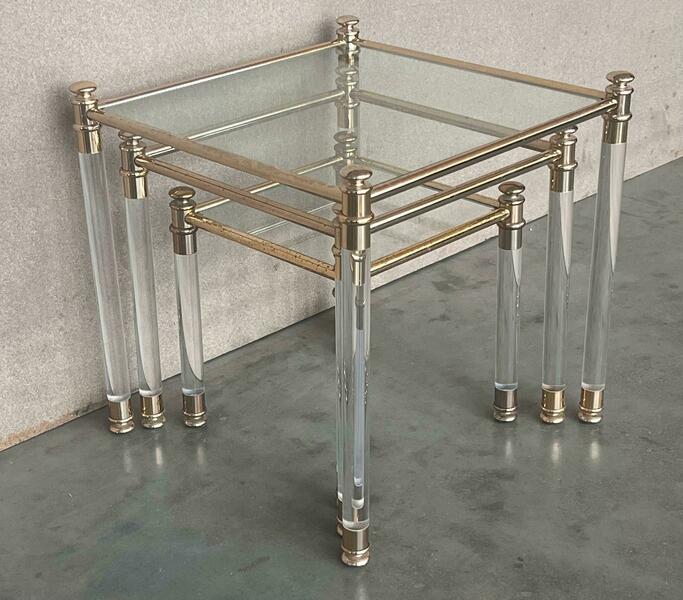 Set Of Three Vintage Lucite An Brass Nesting Tables With Glass Top photo 2319.0