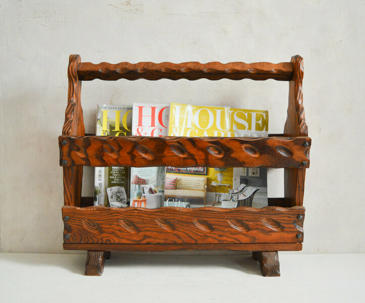 Large Vintage Rustic Carved Wooden Magazine Rack, Solid Wood Newspaper