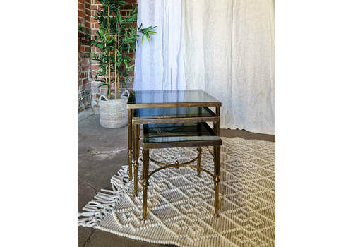 Mid Century Brass & Smoked Glass Nesting Tables (Trio)