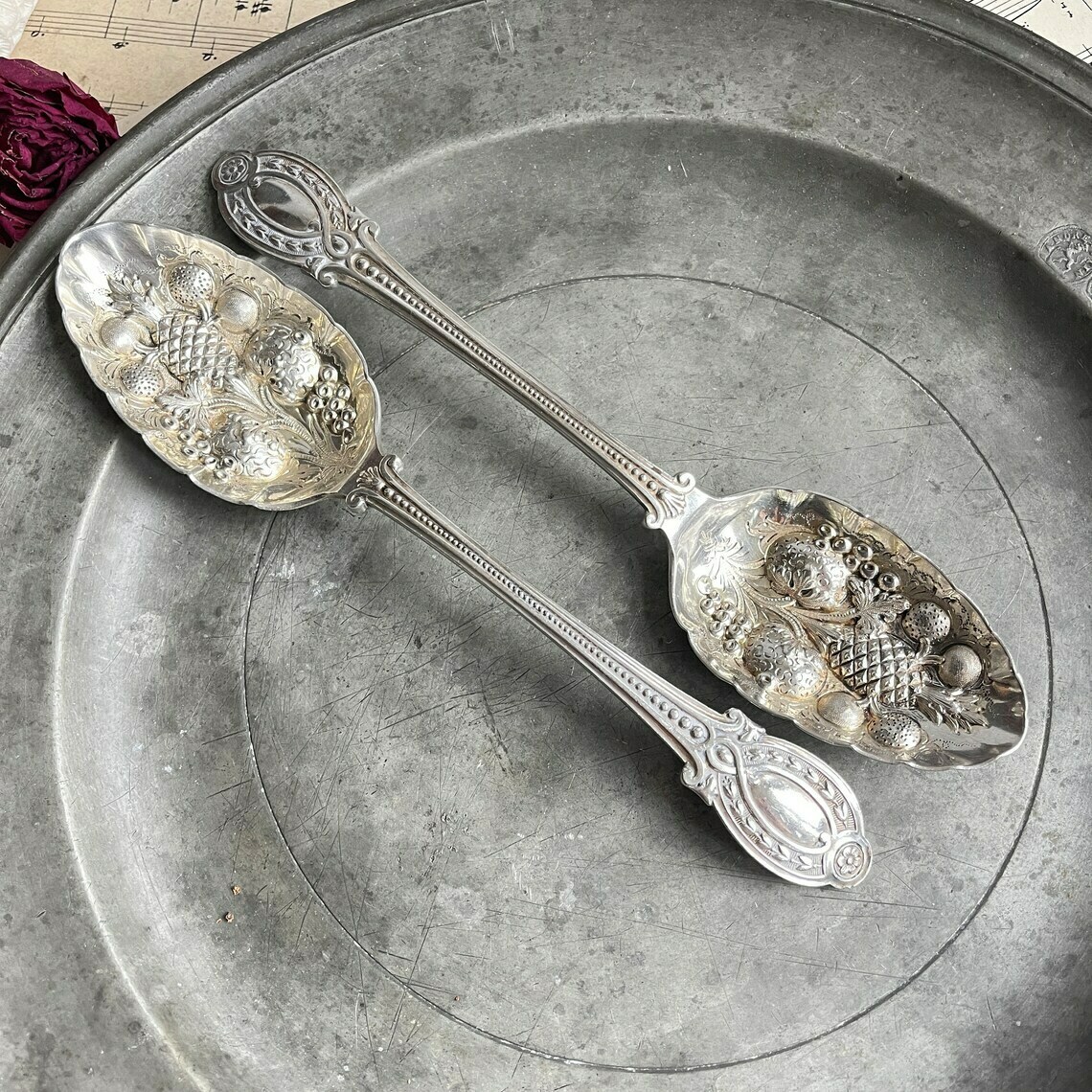 Antique Pair Of Serving Spoons, Large Berry Spoons, Silver Plate