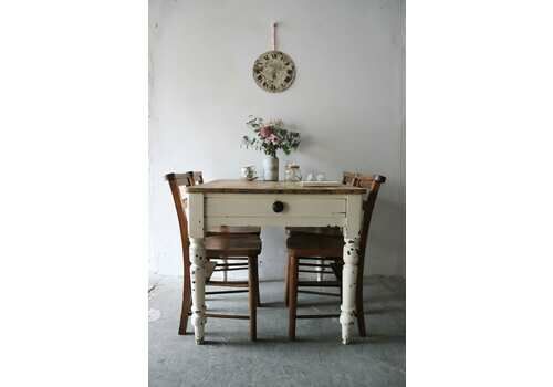 Lovely West Country Pine Farmhouse Kitchen Table With Turned Legs And Cutlery Drawer In Original Cream Paint
